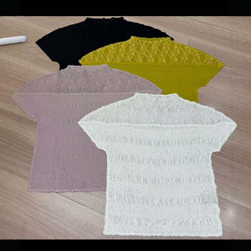 Women's Summer Tops, Slim Fit, Stretchy, Slimming, Elegant, Lace Splicing Design, Versatile Miyake Short-Sleeved T-Shirts Women's Summer Tops, Slim Fit, Stretchy, Slimming, Elegant, Lace Splicing Design, Versatile Miyake Short-Sleeved T-Shirts
