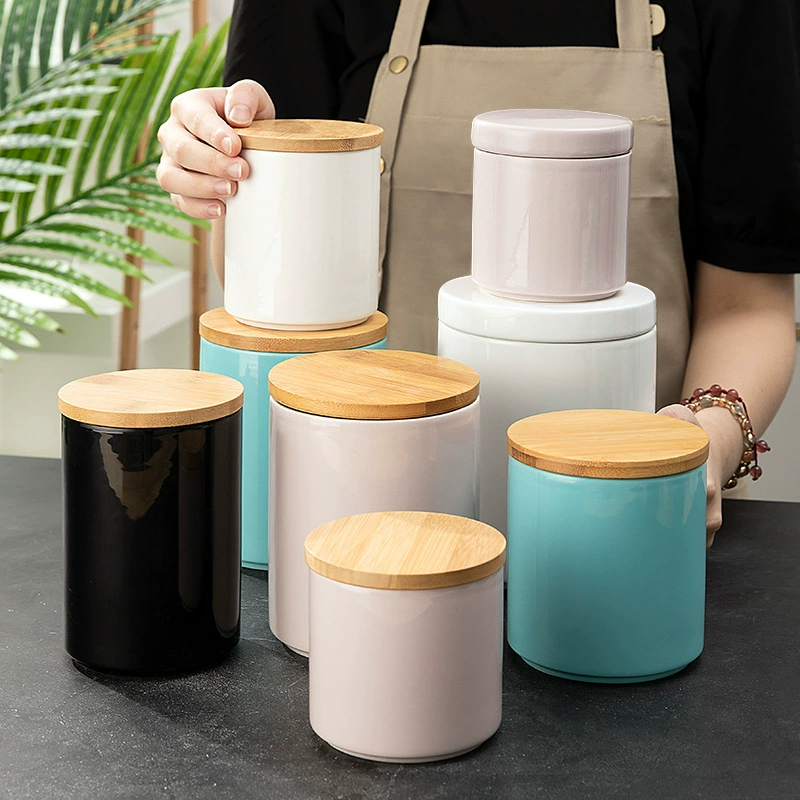 Керамический герметичный резервуар с сочетанием porcelain крышки деревянной крышки кухонный кофе зерновой печенья закусочной банка для хранения приправ оптом