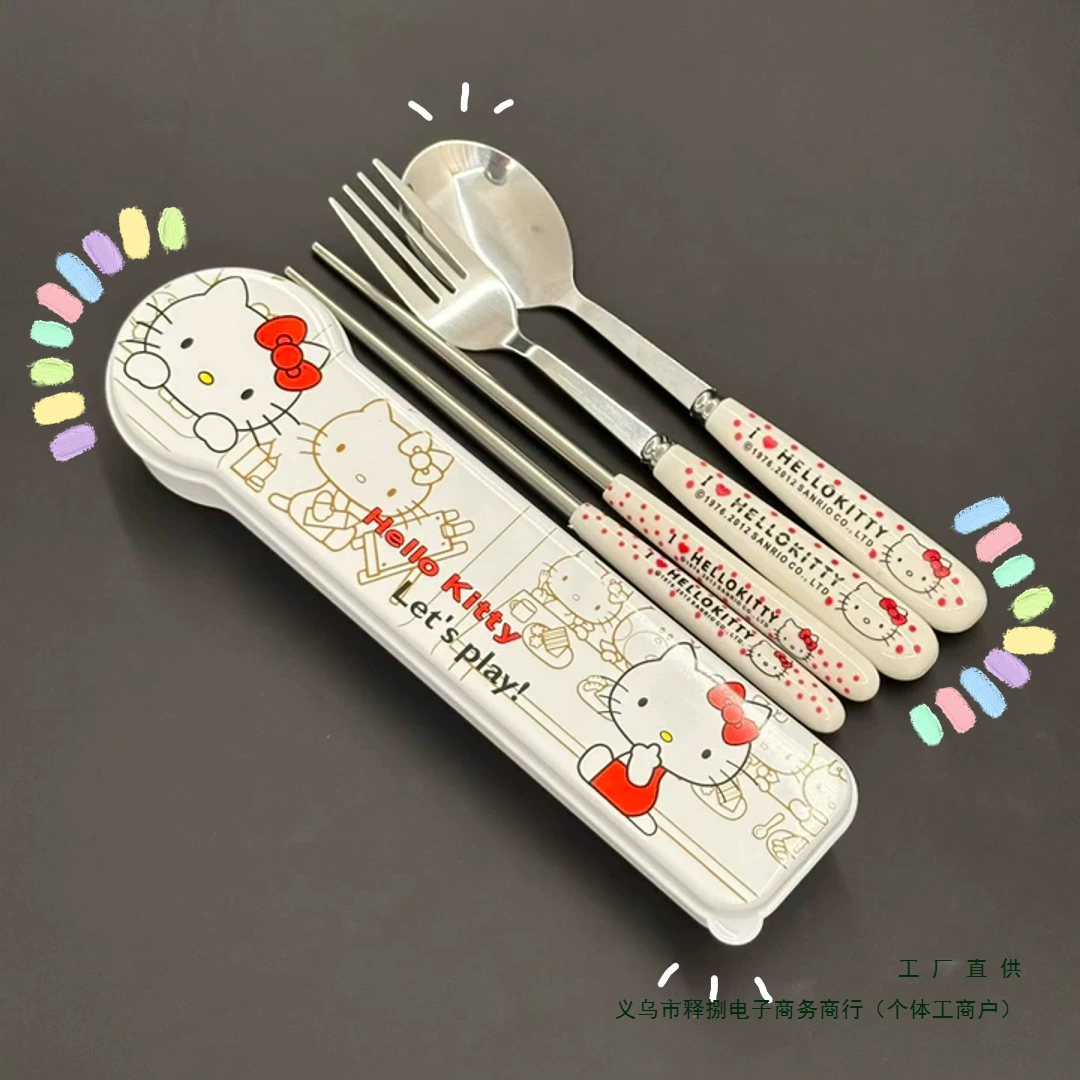 Hollokity милый мультяшный бабочка кошка палочки для еды ложка вилка студенческий набор посуды из трех предметов для офисных работников, начинающих школу