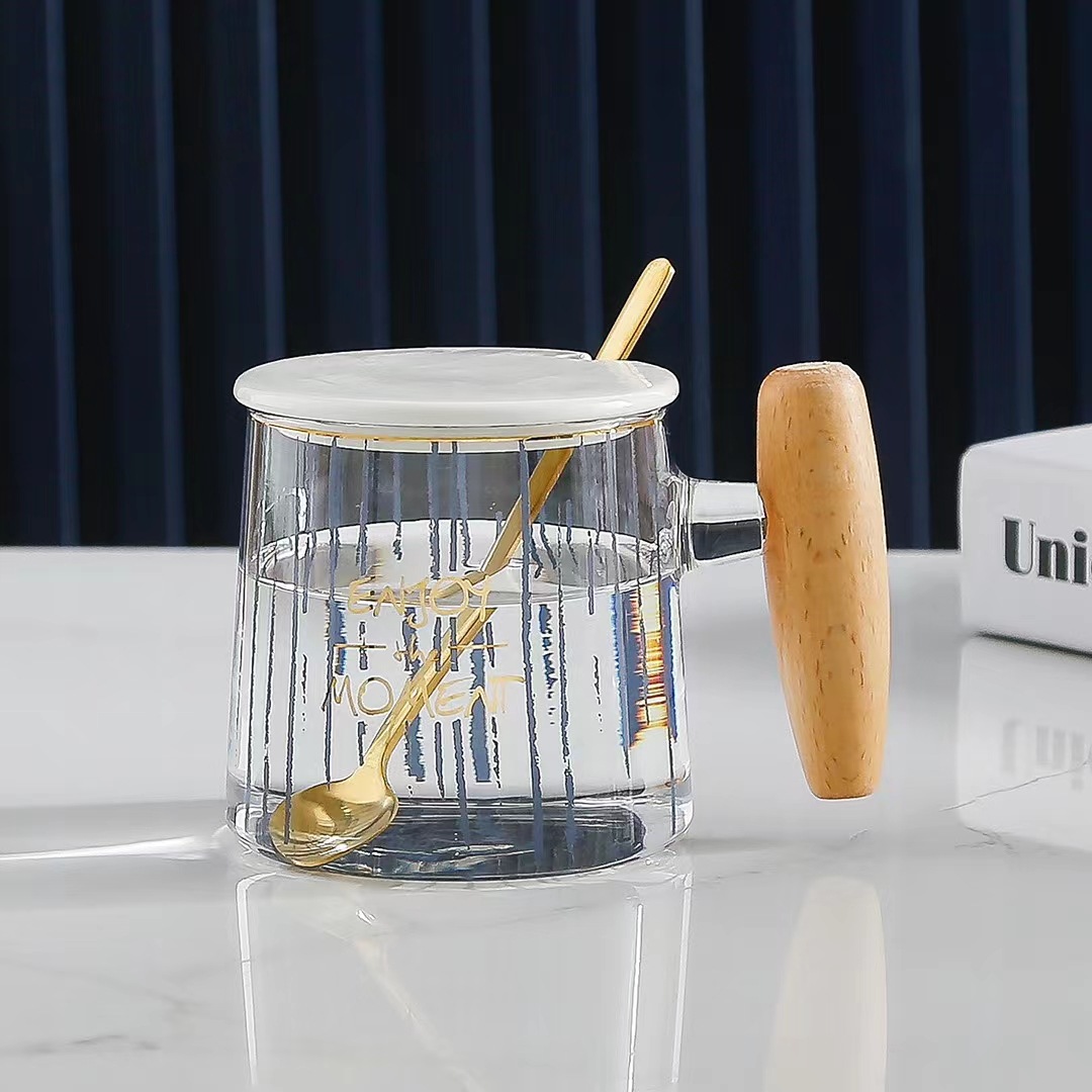 Cuchara de regalo taza de café personalizada con mango de madera taza de beber Vidrio de oficina simple de estilo nórdico creativo con tapa