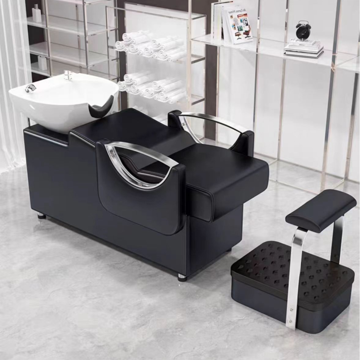 Cama de lavado de cabello para peluquería con reposapiés, lavabo de cerámica, cama de lavado de cabello semireclinable para peluquerías, cama de masaje y peluquería.
