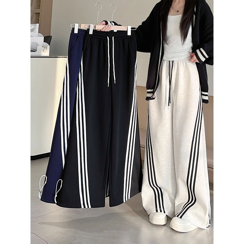 American retro striped wide-leg pants for women, new spring and autumn style, loose and casual black American-style sports pants.