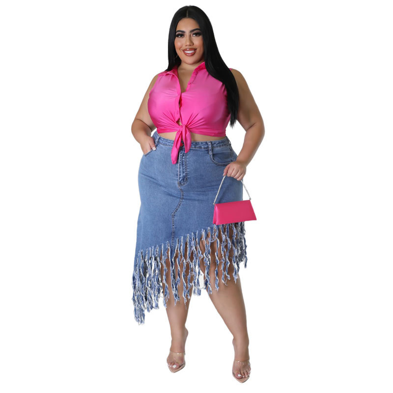 Gonna di jeans con nappe per donna taglie forti moda primavera_voghion.com