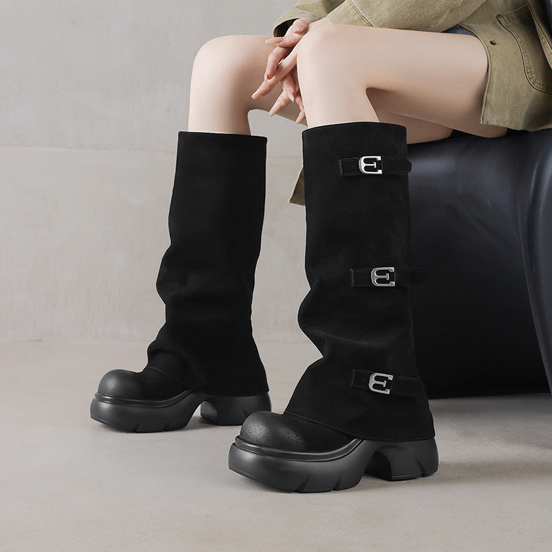Boot nữ da lộn đế dày phong cách biker, gót platform 5 cm — màu đen