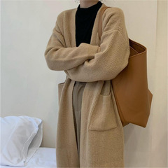 欧美跨境外贸慵懒风纯色针织开衫女2025秋冬季新款中长款口袋大衣