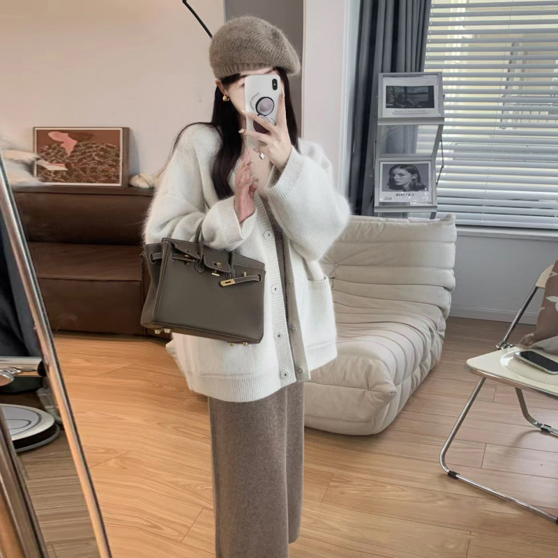 임산부 가을 겨울 부드러운 밀크 레이지 스타일 니트 카디건 재킷 투피스 기질 슬림 서스펜더 드레스