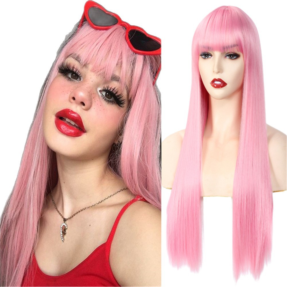 TEMU nuevos productos de venta caliente de seda de alta temperatura damas cubierta de cabeza de fibra química de cabello recto de longitud mediana fabricantes de pelucas al por mayor en stock