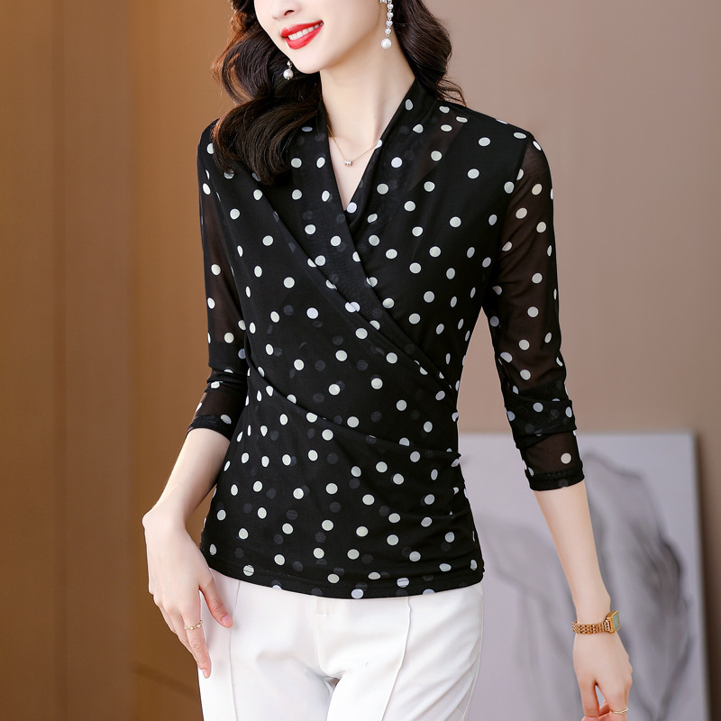 Lace Top Women's Long-sleeved Foreign Elegant Spring and Autumn Wave Dot Printed Chiffon Shirt plus size Shirt Collar Mesh Base Shirt Trendy