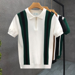 ニット氷糸ジッパーpoloシャツ男性半袖夏薄いファッション衝突色デザイン修身トレンド襟tシャツ