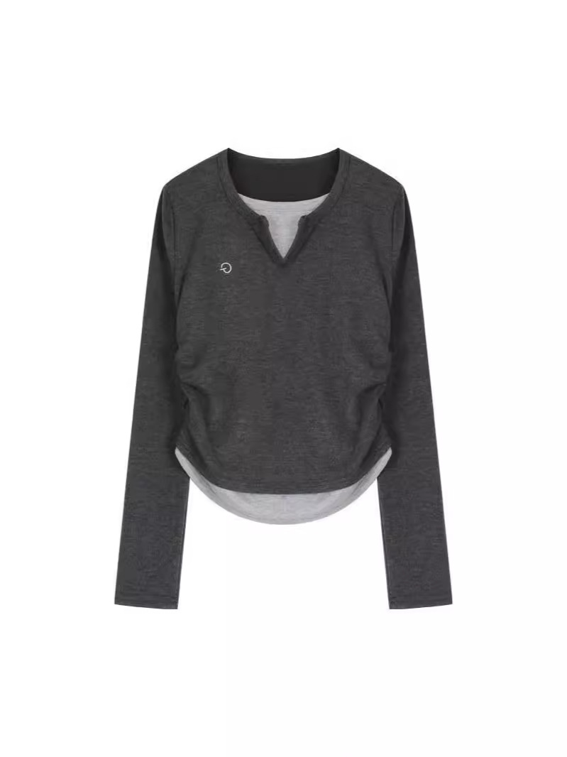2024長袖tシャツ女性春と秋の薄い金の修身偽の2つの底のシャツの丸首の上着の韓国版の婦人服のファッション