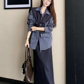 小众大码条纹披肩胖MM春秋款韩系新款休闲衬衫套装女半身裙三件套