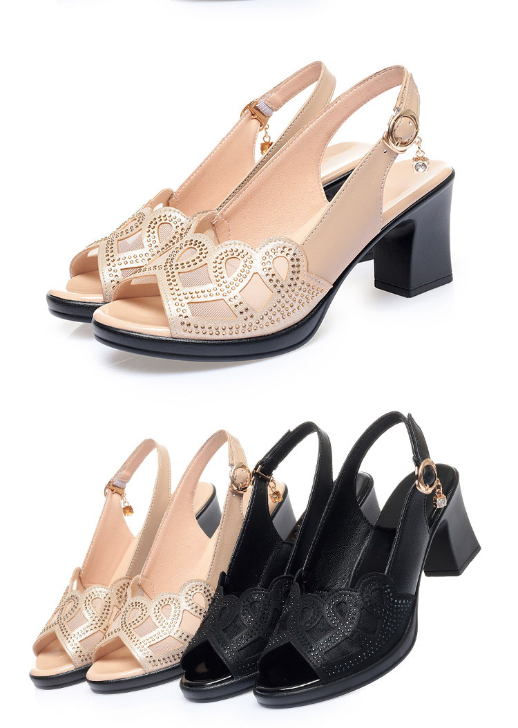 Sandal nữ quai chữ V gót dày đế mềm da thật — đen chi tiết 19