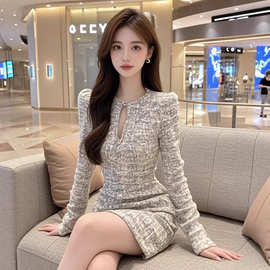 法式小香风镂空设计长袖连衣裙女高级感气质收腰显瘦包臀内搭短裙