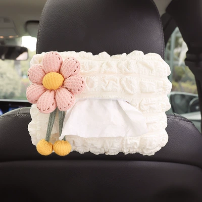 Car Tissue Box, Cute and Simple Hanging Car Tissue Box, High-Quality Storage Armrest, Car Interior Decoration Supplies (Car tissue box/set) - pink-flower-rice-puff-tissue-box