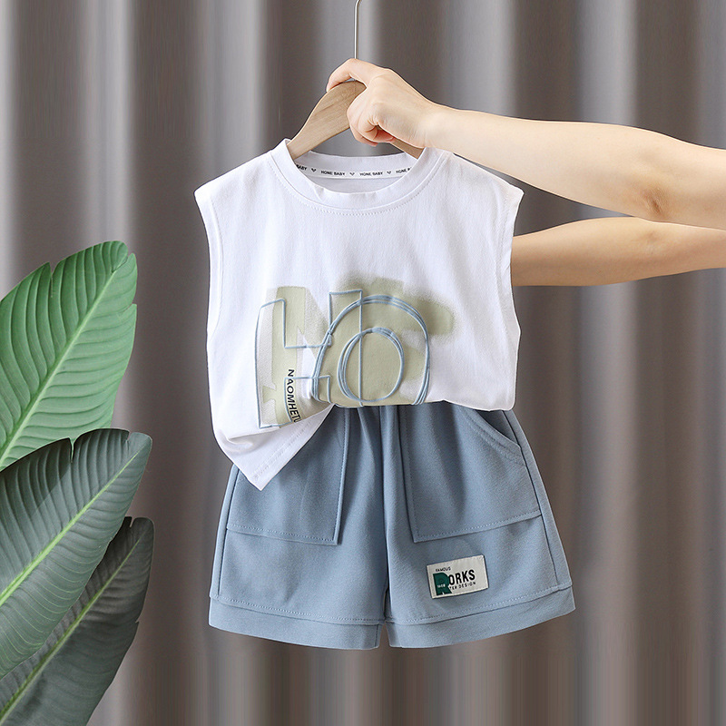 5687 traje sin mangas para niños 2025 nuevos pantalones cortos de chaleco con estampado de verano para niños de dos piezas para bebés de moda delgada