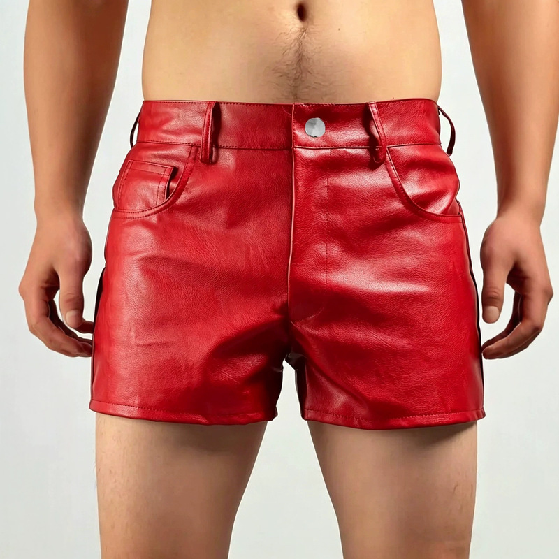 Cross-Border Men's European and American Style Solid Color Pu Leather Shorts Casual Sports Fitness Fitted Shorts Cross-Border Men's European and American Style Solid Color Pu Leather Shorts Casual Sports Fitness Fitted Shorts