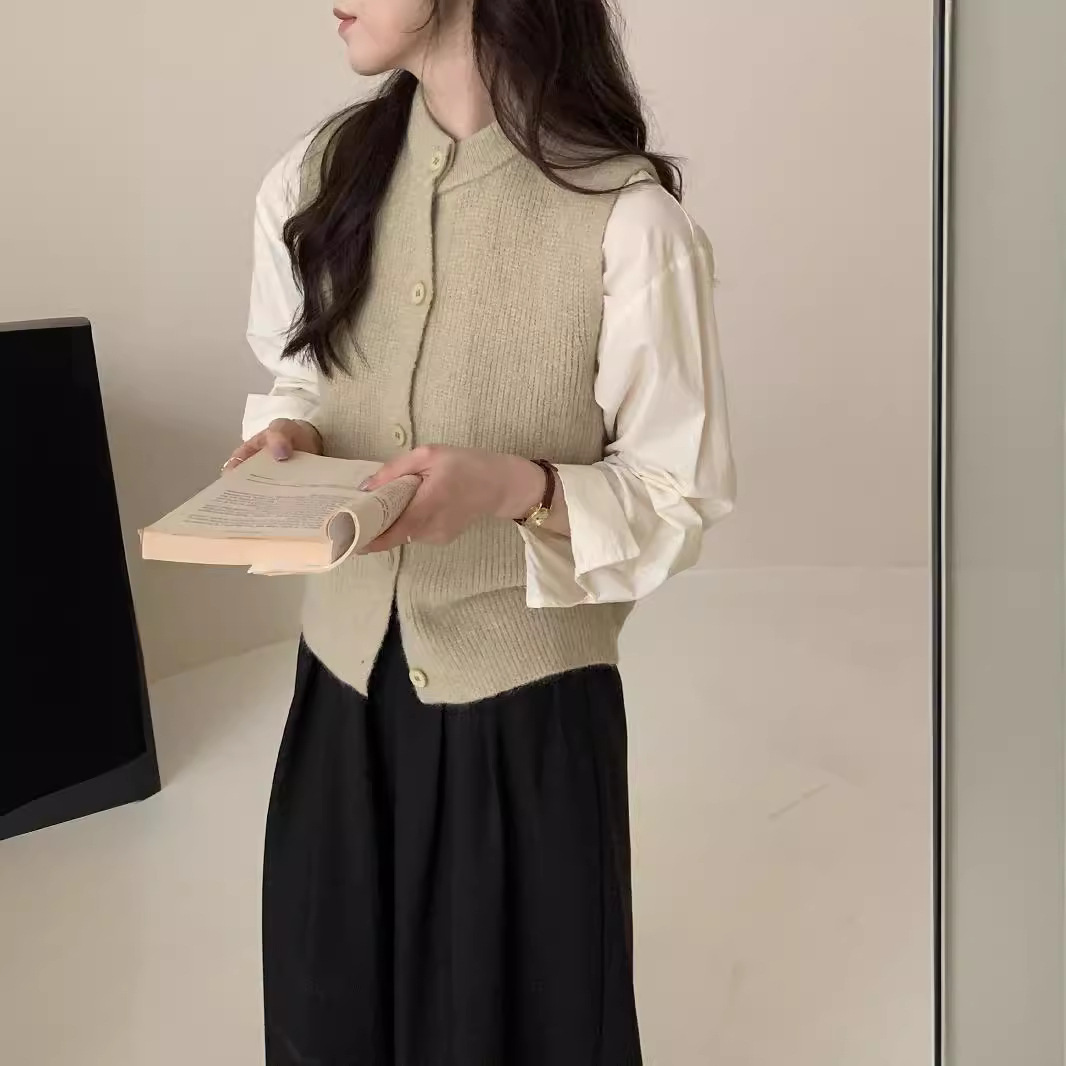 24 Dongpuyuan coreano color sólido sin mangas chaleco de punto para mujeres otoño de 2024 nuevo