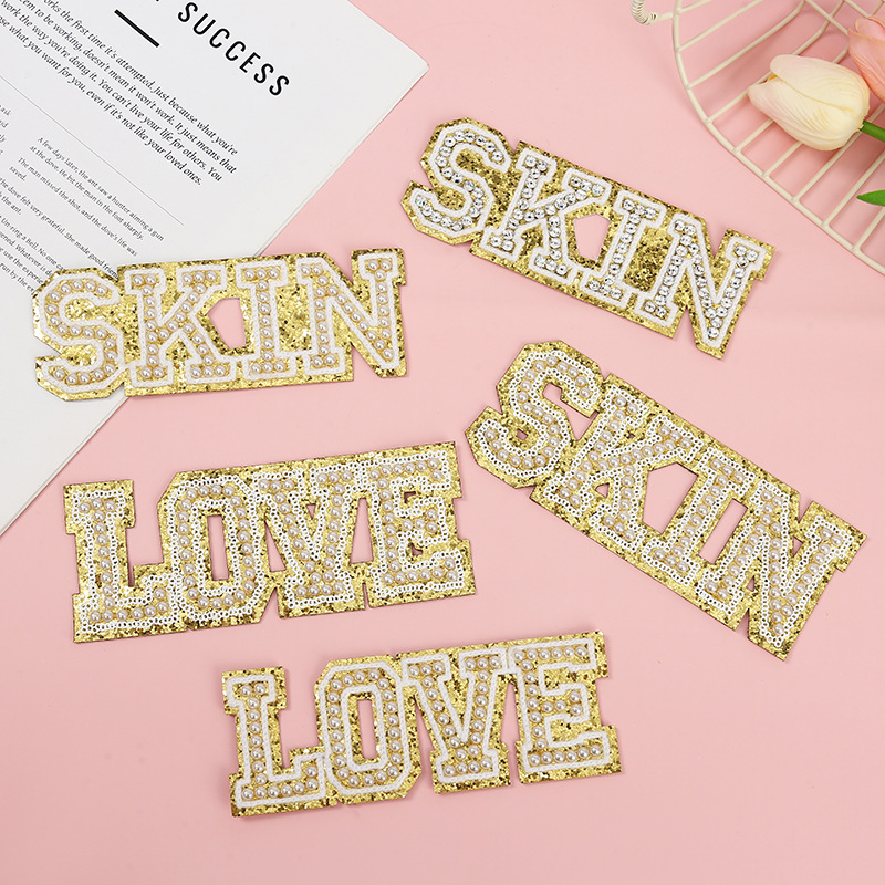 新款钉珠布贴创意字母刺绣布贴LOVE英文绣花标鞋帽箱包装饰布贴