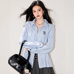 2025秋季新款宽松时尚百搭设计感外搭上衣女POLO领双头拉链衬衫