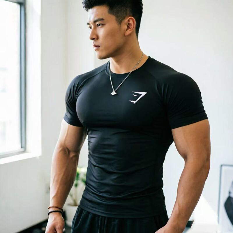 Gymshark Shark Quick-Drying Fitness Clothing Coach Sports T-Shirt for Shaping and Showcasing Muscles, High-Elastic Training Short-Sleeve