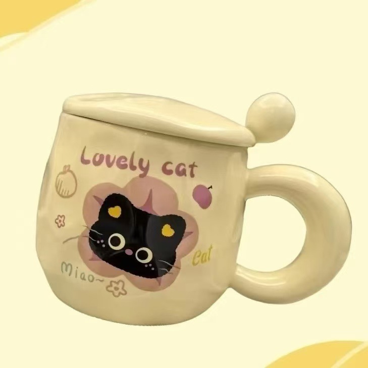 かわいいミルクFUFU黒猫マグカップ蓋付きスプーンで女の子に誕生日プレゼント高颜値プレゼントカップオフィス朝|undefined