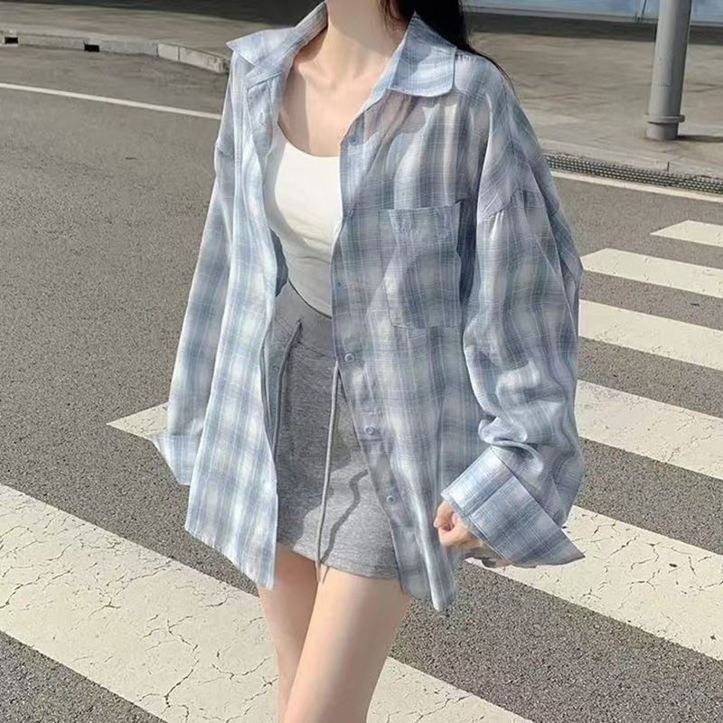 慵懒风复古长袖蓝色格子衬衫设计感宽松休闲春秋polo领上衣外套女|undefined