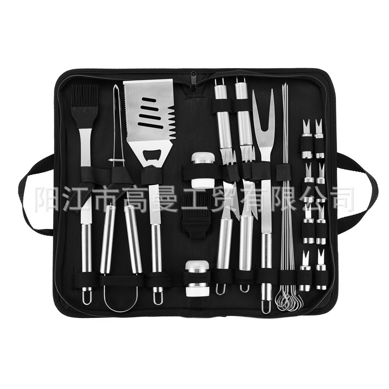 Juego de herramientas para barbacoa personalizado para comercio electrónico transfronterizo, exportación de fábrica, venta al por mayor, portátil, varios estilos, con bolsa de tela y asa pequeña.