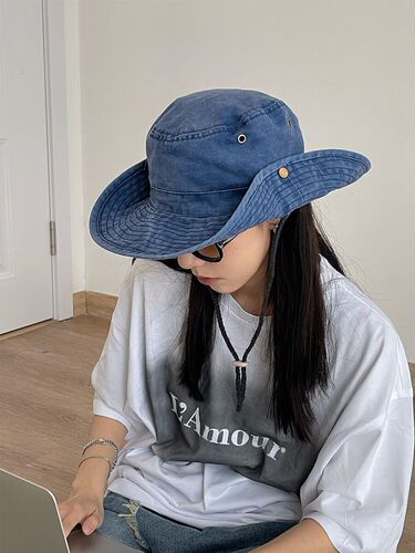 Western cowboy hat children retro distressed drawstring fisherman's hat vacation large brim sun protection outdoor fishing mountain climbing hat trendy