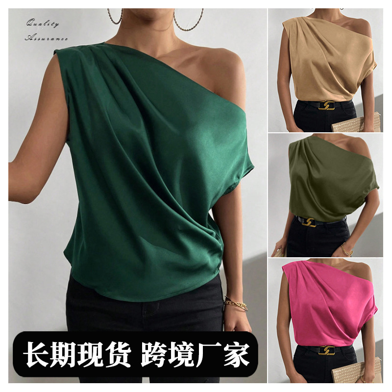 2026 Spring Solid Color Satin Imitation Silk Irregular Off-Shoulder One-Neck Pullover Sleeveless Shirt for Women European and American Fashion