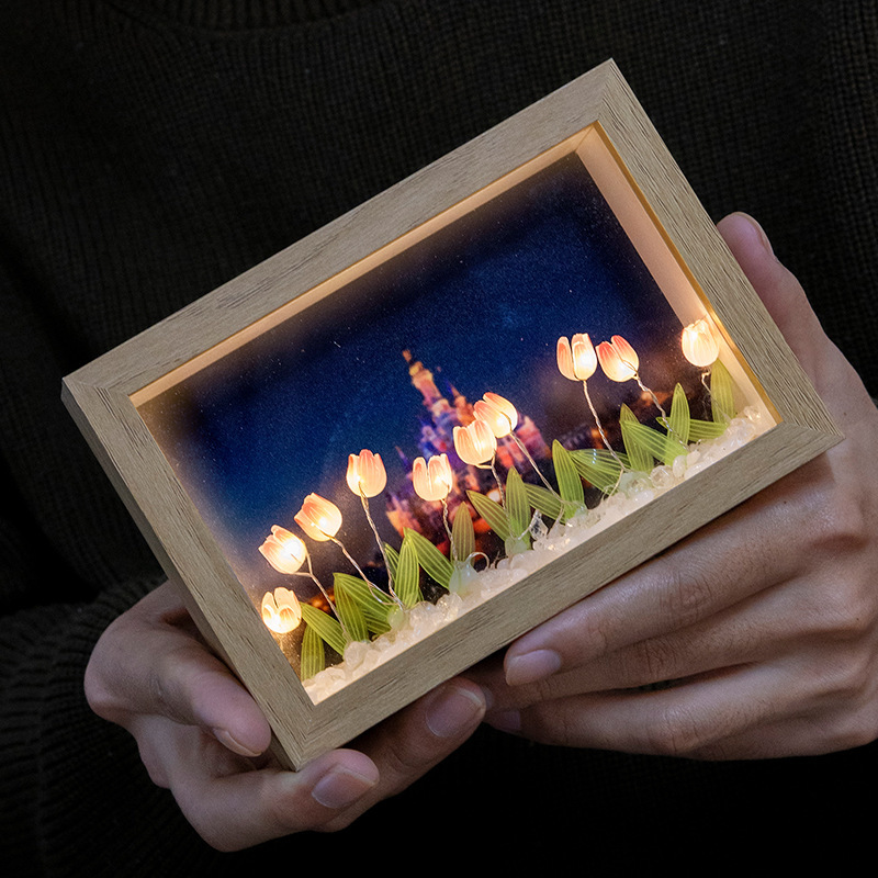 Tulipanos marcos de luz nocturna DIY decoración creativa personalizada para la novia Qixiao regalo marco tridimensional hecho a mano