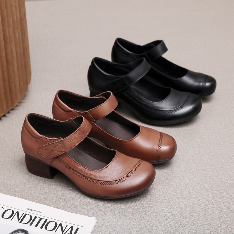 Factory Direct Sales New Style Chunky Heel Shallow Mouth Mother's Shoes First Layer Cowhide Mid-Heel Ethnic Style Velcro Casual Women's Shoes