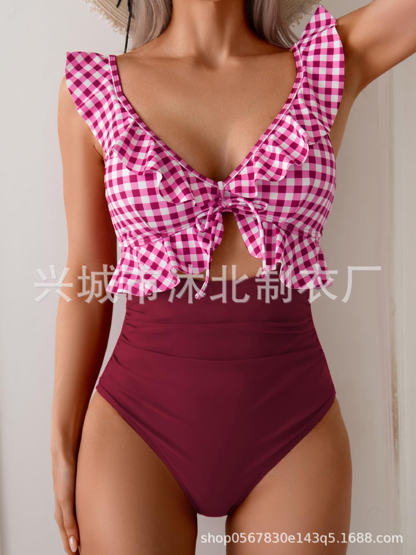 2026 Amazon Europa y los Estados Unidos nuevos trajes de baño unidireccionales mujeres abdominales de cuello V trajes de baño plegados delgados trajes de baño con bordes huecos image 10