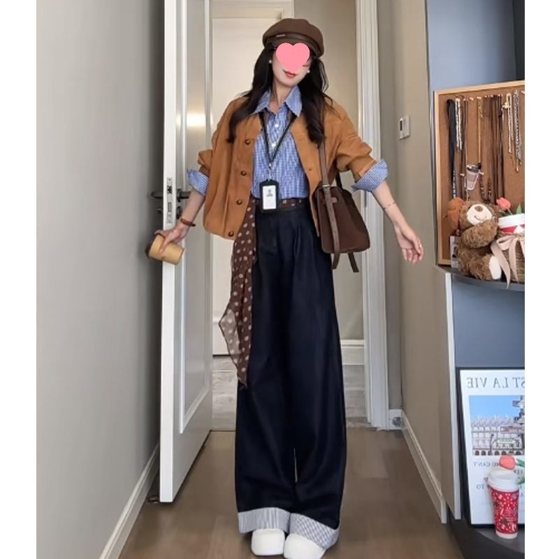 纯欲风辣妹套装女2025早秋新款韩系气质长袖外套衬衫阔腿裤三件套|undefined