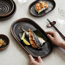 复古粗陶乌托邦长方盘寿司盘烤串盘日式烧鸟创意陶瓷点心盘冷菜盘