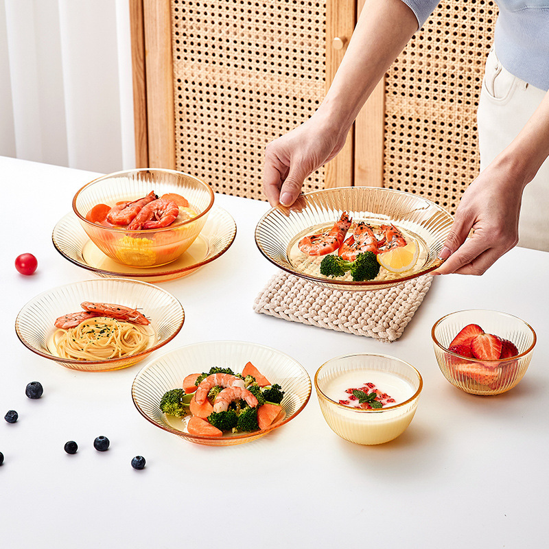 Spini Vertical Stripe High-Quality Amber-Colored High Borosilicate Glass Household High-Temperature Resistant High-End Transparent Tableware Set