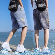 美式牛仔短裤男夏季复古休闲宽松时尚五分松紧腰直筒批发跨境外贸