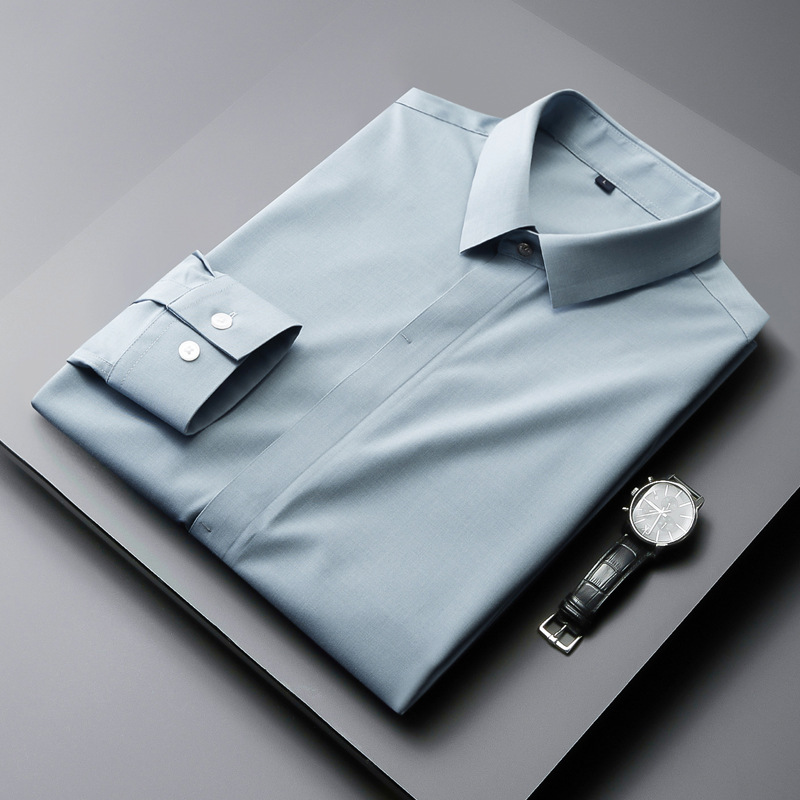 Botón oculto camisa de manga larga de los hombres de negocios casual moda guapo de gama alta de los hombres no planchar camisa delgada adhesivo transparente Luz de lujo azul