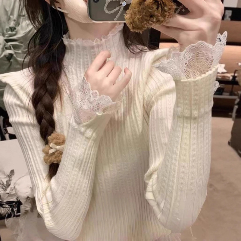 Lace-Trimmed Knit Sweater for Women, Autumn and Winter 2025 New Style, Chanel-Inspired, Layered Half-High Collar Base Top