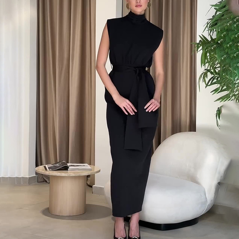 Frau Etuikleid Elegant Stehkragen Gürtel Ärmellos Einfarbig Maxi Langes Kleid Ferien Täglich display picture 2