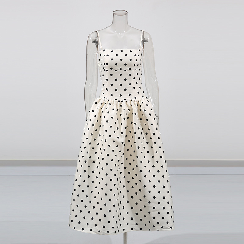 Women's Clothing Women's Hepburn Style Retro Polka Dot Print Slip Dress Waist Cinching Resort Dress Spring For Formal & Casual For Women_ecoleips.com