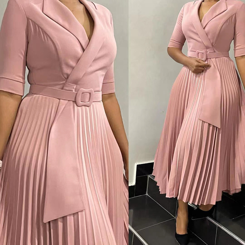 L51 アマゾンの新しいファッション対外貿易婦人服 OL スーツの襟ファッションストラップウエストプリーツアフリカドレス|undefined