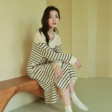 纯棉睡裙女秋冬长袖带胸垫条纹大码高级感长款过膝可外穿春秋睡衣