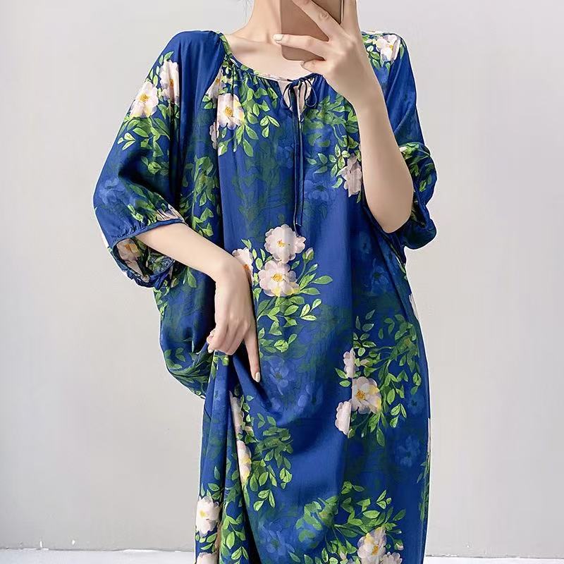 夏季新款印花短袖睡裙少女甜美风公主风棉绸睡衣家居服现货人造棉