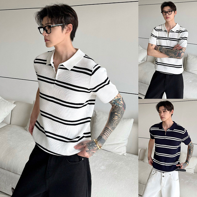 Camisas de polo de manga corta de vello de estilo de verano, camisetas de hielo con media cremallera a rayas, fábrica transfronteriza al por mayor
