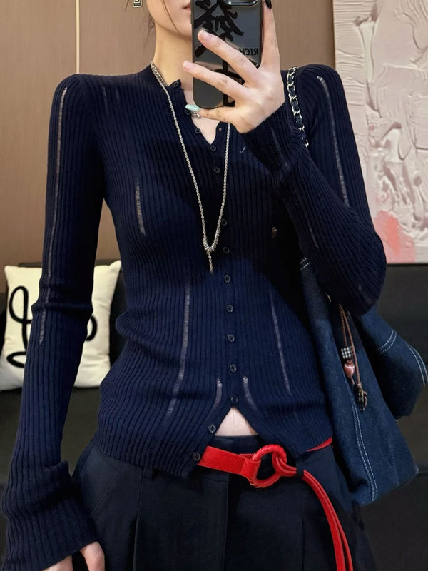 韩系氛围感穿搭灰色v领针织开衫女早秋慵懒宽松系带毛衣外套上衣|undefined