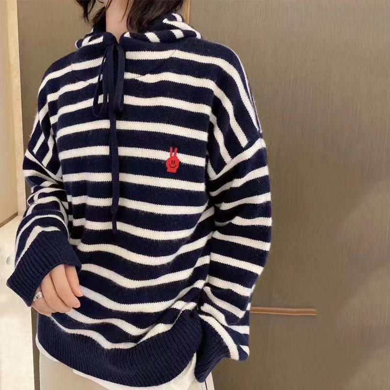 秋冬新款羊絨衫女連帽衛衣寬松羊毛慵懶條紋針織短款打底帽衫韓版