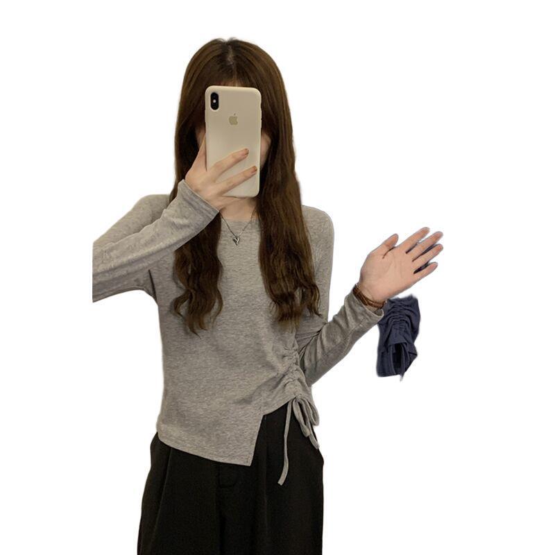 正肩长袖t恤女春秋内搭短款小个子显高别致设计感抽绳打底衫上衣|undefined