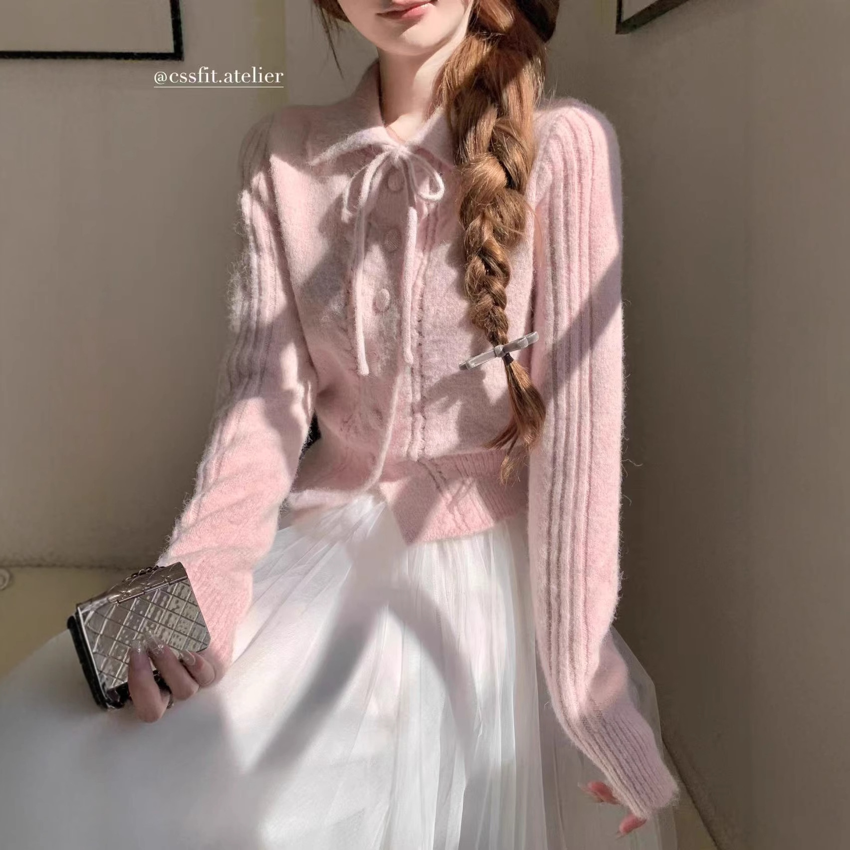 韩系淑女风粉色系带polo领针织开衫女学院风百搭减龄小个子毛衣