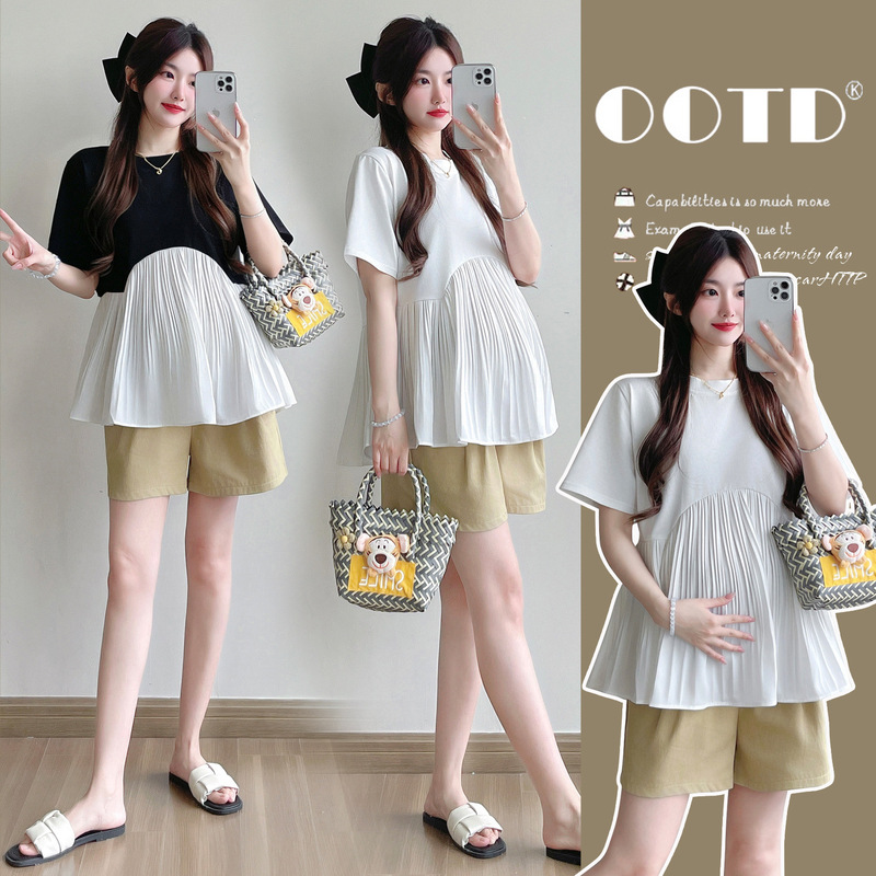 Maternity Wear Summer Tops 2026 New Korean Style Fashionable Design Pleated Versatile Loose Short-Sleeved Babydoll Shirt t Maternity Wear Summer Tops 2026 New Korean Style Fashionable Design Pleated Versatile Loose Short-Sleeved Babydoll Shirt t