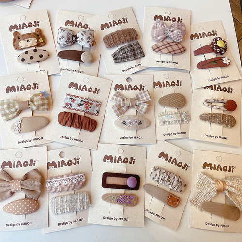 Early autumn milk coffee color plaid embroidered bow hair clip Korean style children's bangs clip broken hair BB clip baby side clip